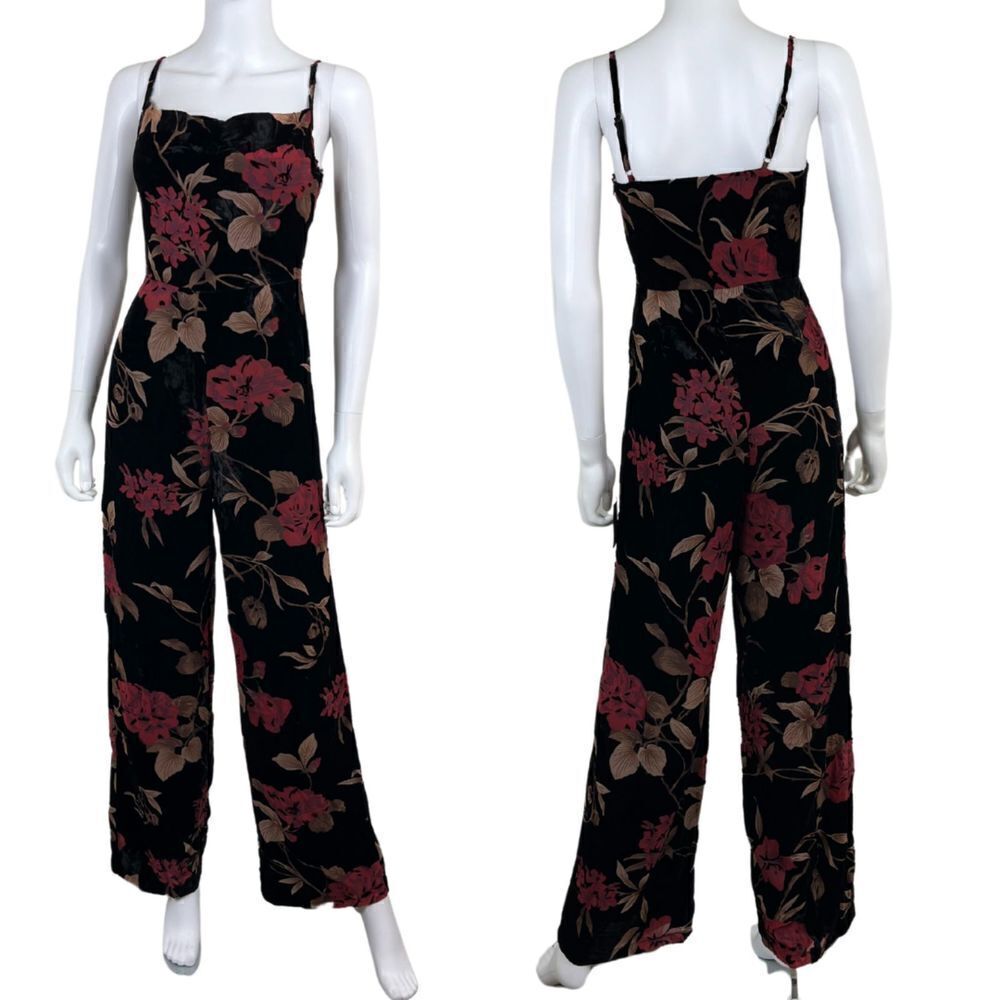 Lulus Elegant Effort Size XS Black Velvet Floral Cowl Neck Wide Leg NEW Jumpsuit